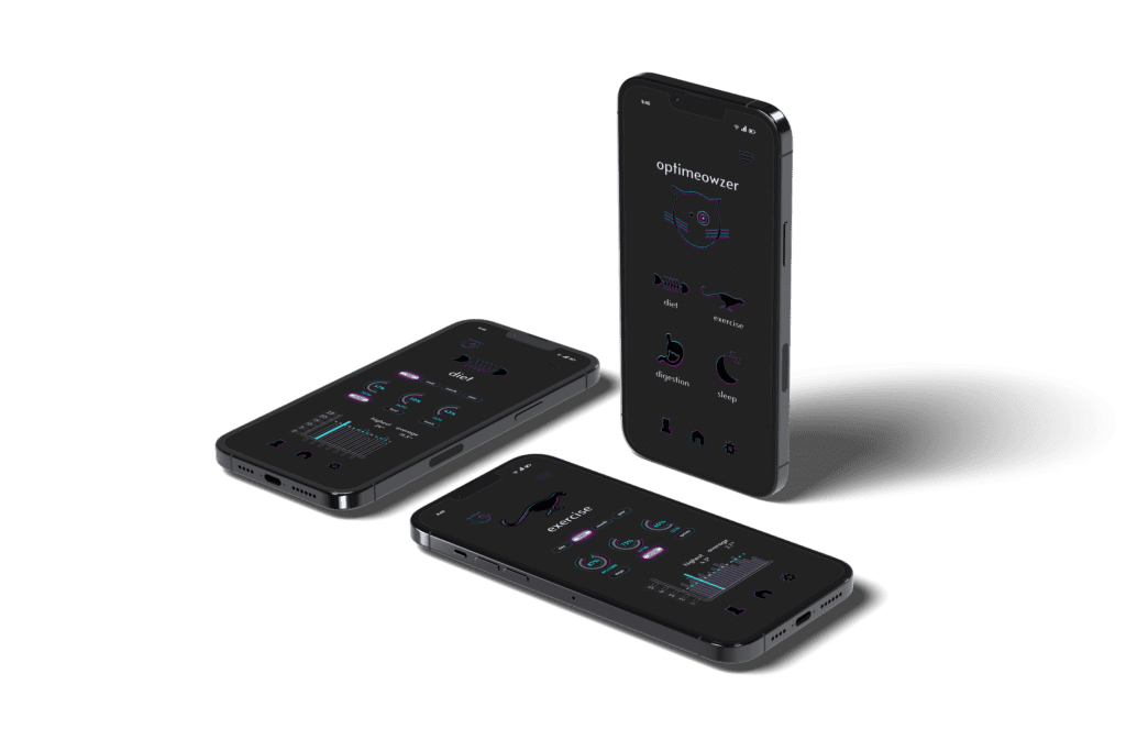 Three phones displaying app screens