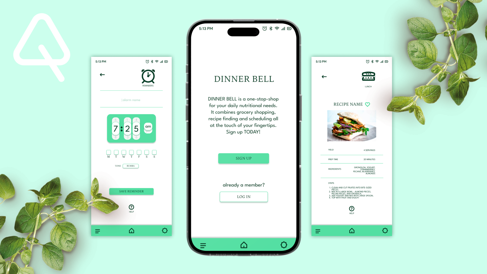 3 app screens with a frame of fresh oregano